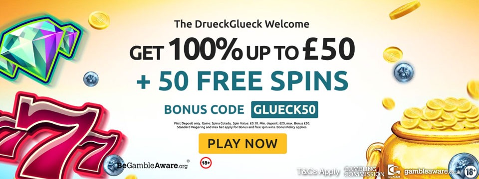 Drueck Glueck Casino: 100% to £50   50 Free Spins!